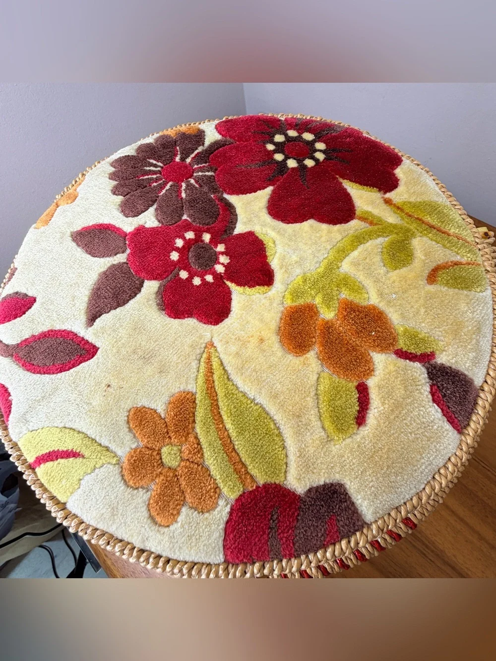 Vintage 1970s Woven Sewing Basket Box Made in Japan Velvet Floral Lid Retro